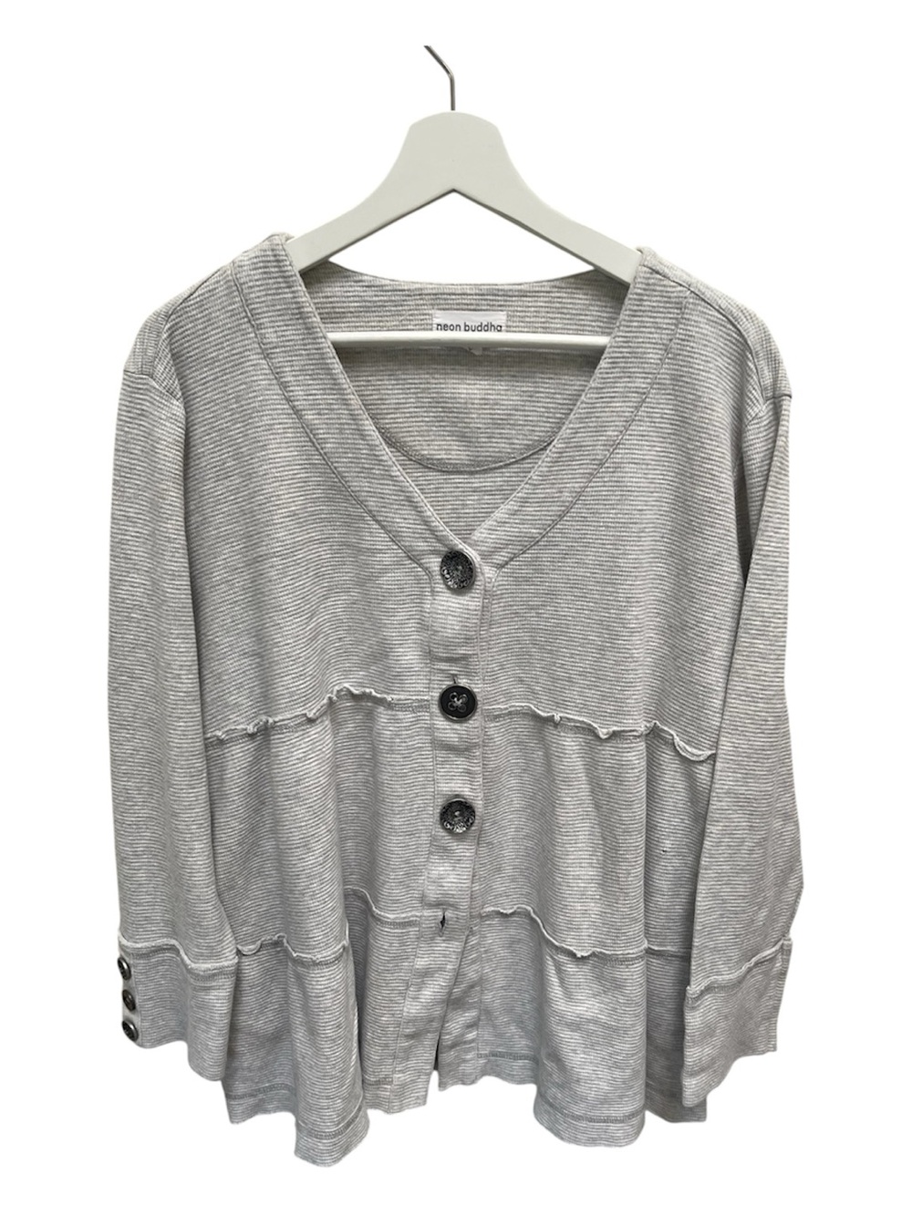 Neon Buddha Gray Cotton Micro-Stripe Tiered Raw Seam Button Cardigan, Size Large